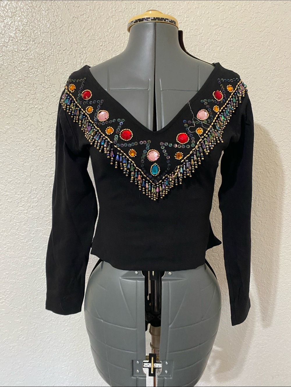 Black Long-Sleeve V-Neck Top with Multi-Color Bead Embellishment